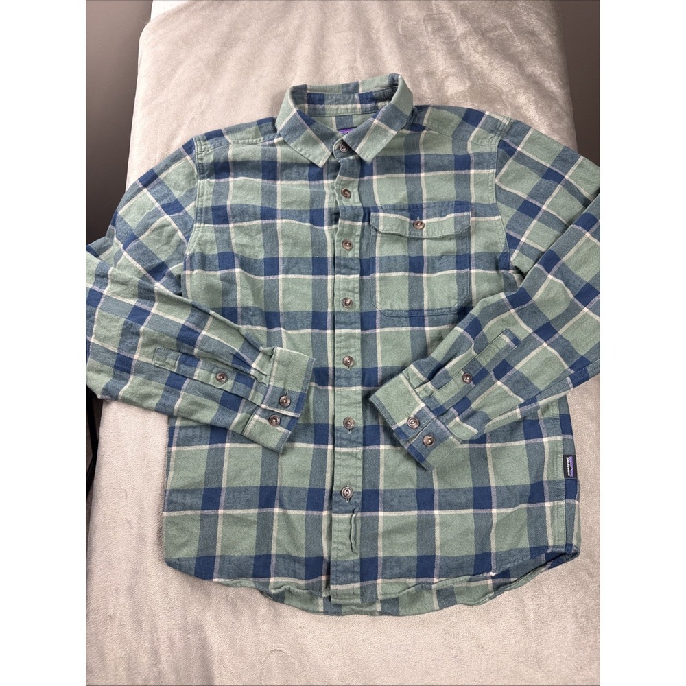 Patagonia Women's Organic Cotton Flannel Shirt Blue Green Plaid‎ Size 2 XS Nice
